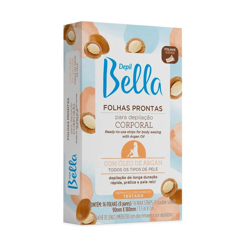 Depil Bella Folhas Prontas para Depilação Corporal: Óleo de Argan - 16 Folhas 8 Pares